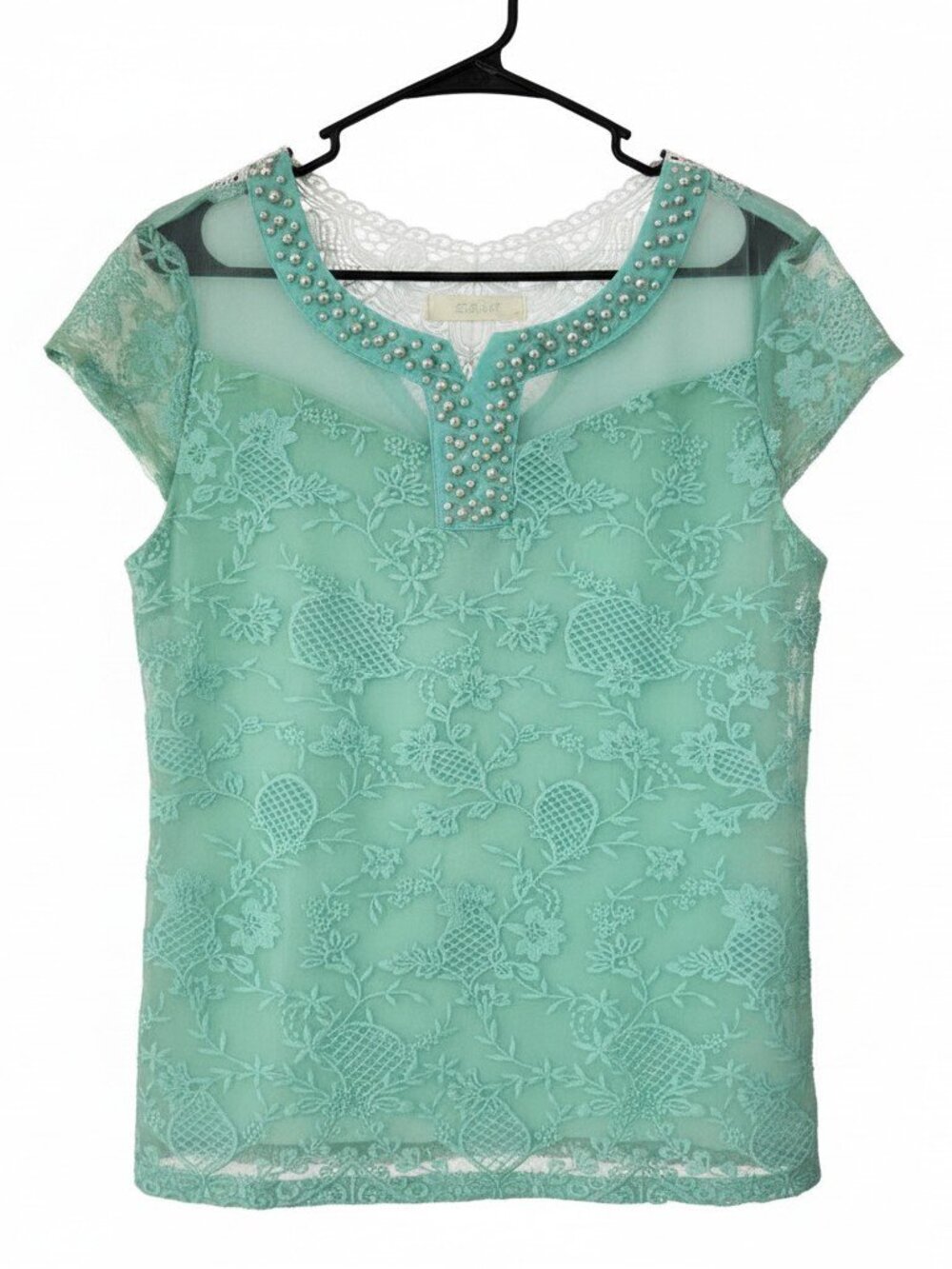 G&W Mint Green Lace Blouse Beaded Neck Semi Sheer Short Sleeve Top Women M